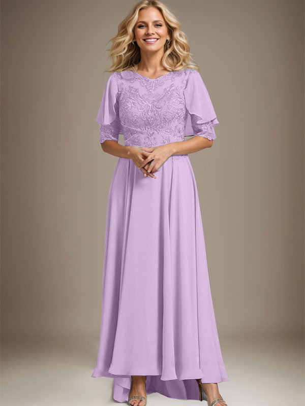 Vestido de madre de la novia de gasa asimétrica con encaje, ilusión, corte A y escote redondo con cuentas 