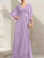 Vestido de gasa para madre de la novia, con escote en V, largo hasta el suelo, con lentejuelas plisadas y abalorios.
