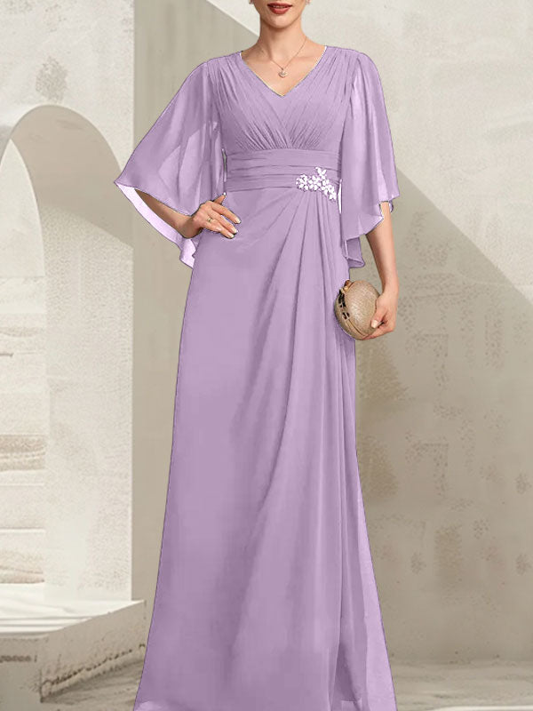 Vestido de gasa para madre de la novia, con escote en V, largo hasta el suelo, con lentejuelas plisadas y abalorios.