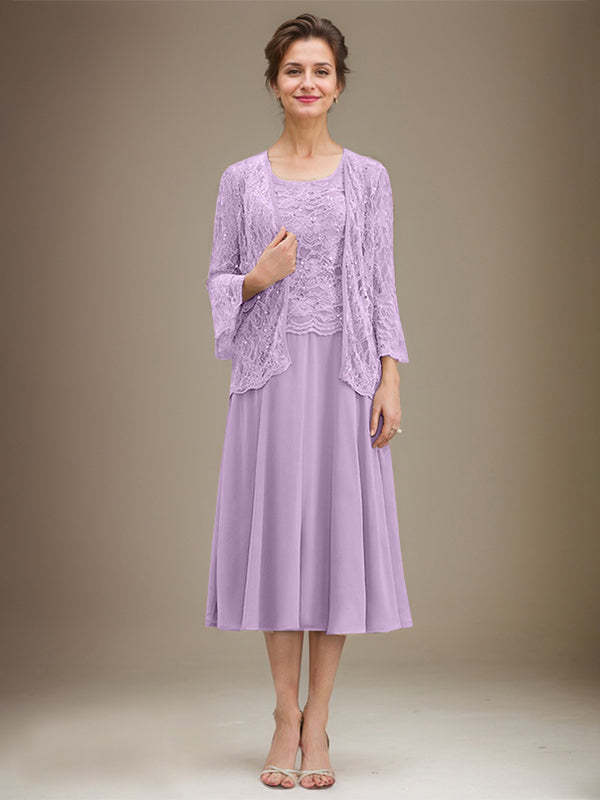 Vestido de gasa con encaje y lentejuelas para madre de la novia, corte A, escote redondo y largo hasta la rodilla 