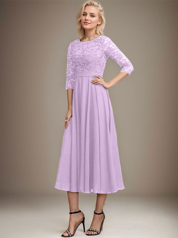 A-Linien-Kleid mit Rundhalsausschnitt, Teelänge, Spitze, Chiffon, Pailletten, für die Mutter der Braut