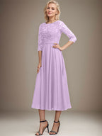 A-Linien-Kleid mit Rundhalsausschnitt, Teelänge, Spitze, Chiffon, Pailletten, für die Mutter der Braut