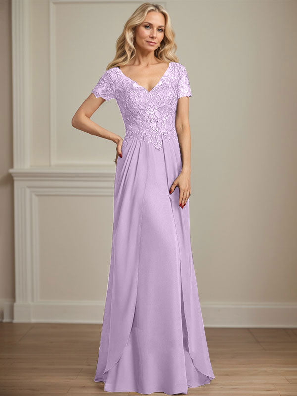 Vestido de gasa con encaje y escote en V hasta el suelo para madre de la novia