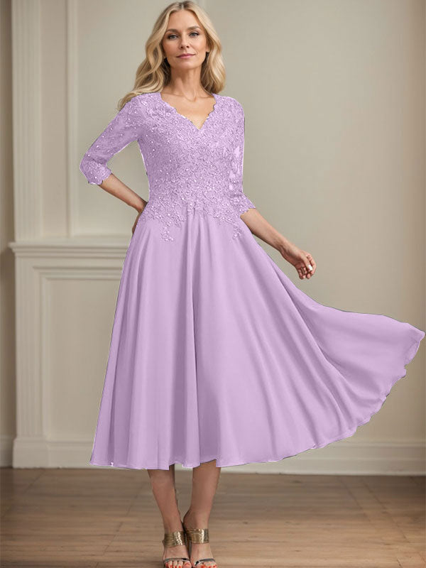 Vestido de gasa con encaje y escote en V, largo hasta la rodilla, para madre de la novia, con lentejuelas y abalorios 