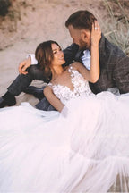 Layered Tulle Unlined Lace Wedding Ball Gown with Deep V-neck Wedding Dresses