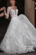 Leaves Lace Tulle Long Sleeves Boho Wedding Dresses, Bridal Gown