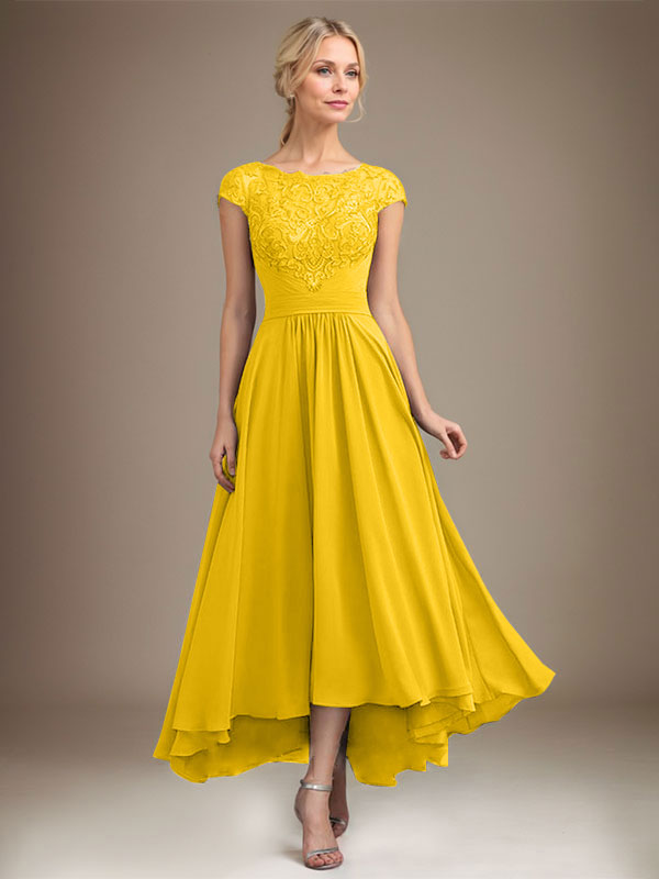 A-Linien-Kleid aus Chiffon mit asymmetrischem, plissiertem Spitzeneinsatz und Illusion-Ausschnitt für die Mutter der Braut 