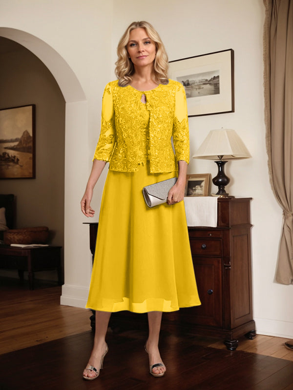 Vestido de gasa con encaje y lentejuelas para madre de la novia, corte A, escote redondo y largo hasta la rodilla 