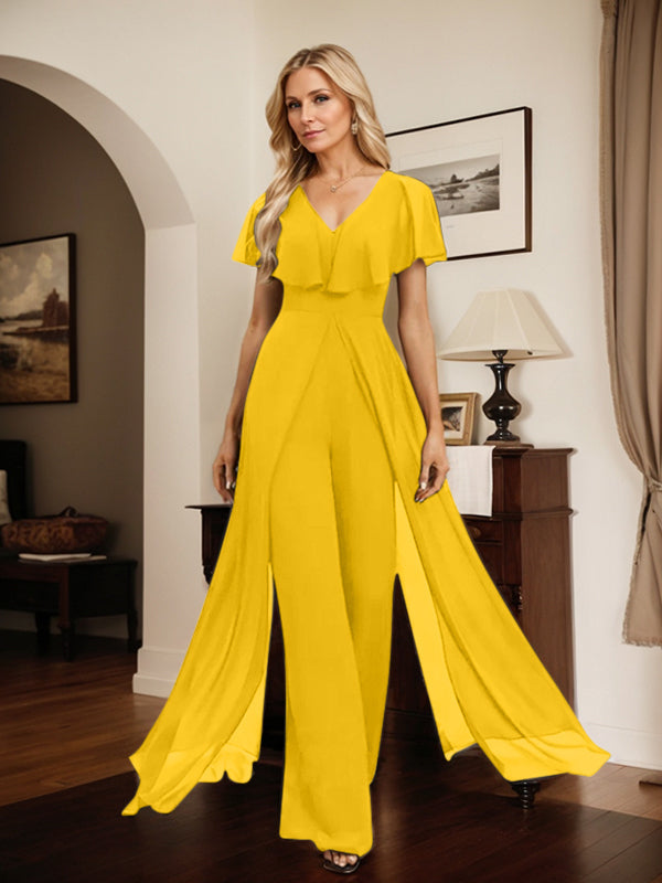 Jumpsuit/Hosenanzug, bodenlanges Chiffon-Abendkleid mit V-Ausschnitt