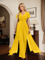 Jumpsuit/Hosenanzug, bodenlanges Chiffon-Abendkleid mit V-Ausschnitt