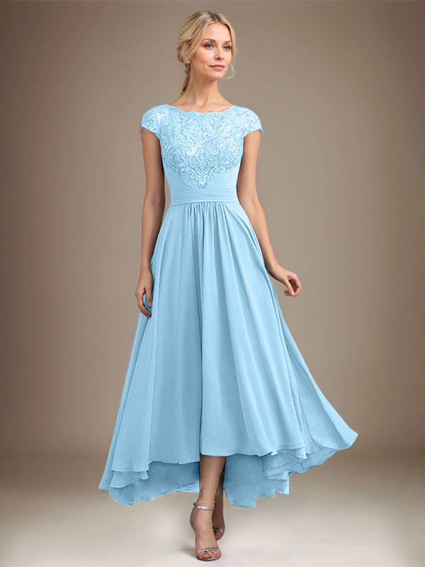 A-Linien-Kleid aus Chiffon mit asymmetrischem, plissiertem Spitzeneinsatz und Illusion-Ausschnitt für die Mutter der Braut 