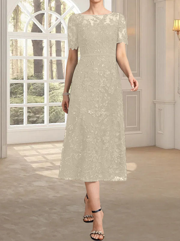 A-Linien-Kleid mit Rundhalsausschnitt, Illusion-Ausschnitt, Teelänge, Spitze und Pailletten für die Mutter der Braut