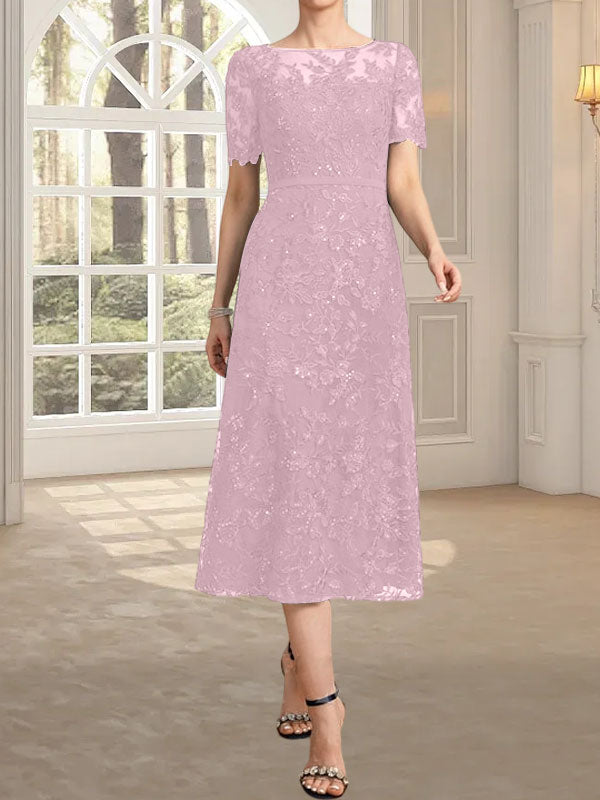 Vestido de encaje para madre de la novia con lentejuelas, corte A, escote ilusión, largo hasta la rodilla