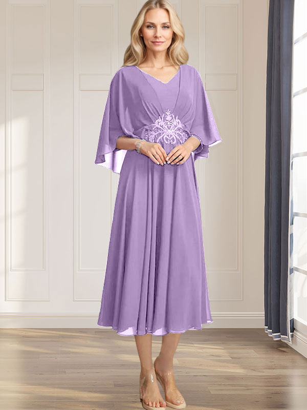 A-Linien-Kleid aus Chiffon mit V-Ausschnitt, Teelänge, plissierten Paillettenapplikationen und Perlenstickerei für die Mutter der Braut 