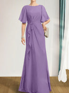 A-Linien-Kleid aus Chiffon in Bodenlänge für die Mutter der Braut mit kaskadenartigen Rüschen, Perlen und Pailletten