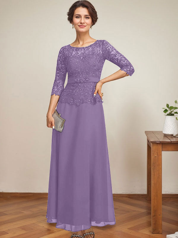 A-Linien-Kleid mit U-Boot-Ausschnitt, Illusion-Detail, knöchellang, aus Chiffon und Spitze mit Strassperlen für die Mutter der Braut. 