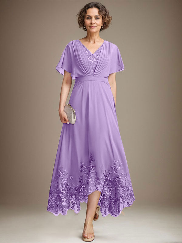 A-Linien-Kleid aus Chiffon mit asymmetrischem V-Ausschnitt und Spitze für die Mutter der Braut mit Falten