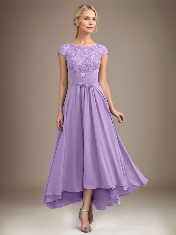 A-Linien-Kleid aus Chiffon mit asymmetrischem, plissiertem Spitzeneinsatz und Illusion-Ausschnitt für die Mutter der Braut 
