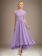 A-Linien-Kleid aus Chiffon mit asymmetrischem, plissiertem Spitzeneinsatz und Illusion-Ausschnitt für die Mutter der Braut 