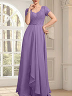 A-Linien-Kleid mit herzförmigem Herzausschnitt, bodenlang, aus Chiffon und Spitze, mit Perlenstickerei und Kaskadenrüschen – ideal für die Mutter der Braut