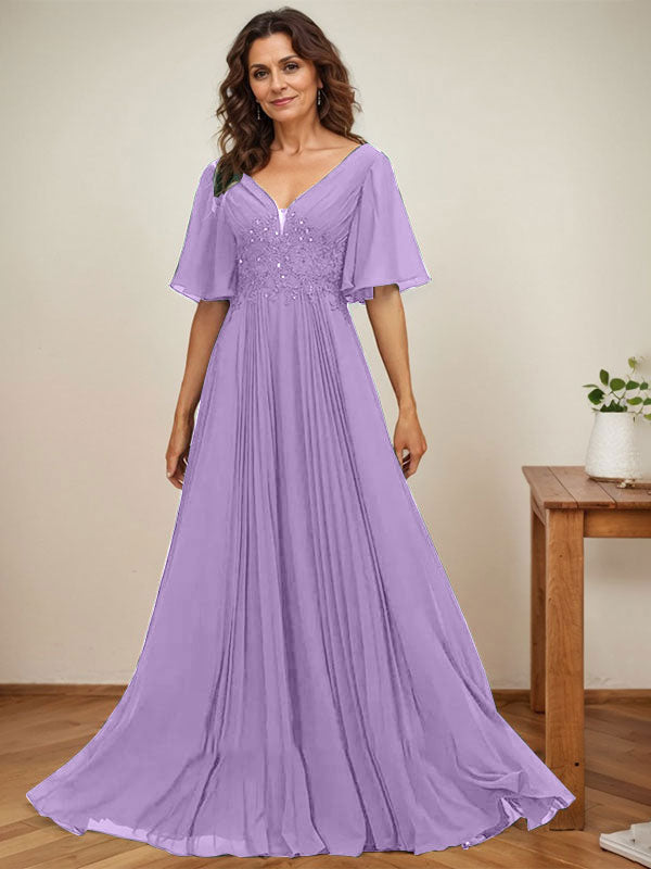 A-Linien-Kleid aus Chiffon mit V-Ausschnitt, bodenlang, mit Paillettenapplikationen, Spitze und Falten für die Mutter der Braut 