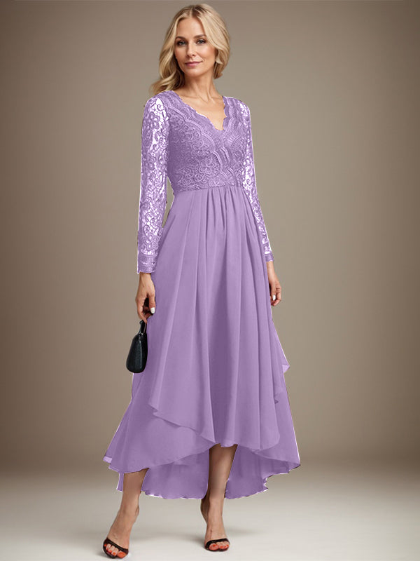 A-Linien-Kleid aus Chiffon mit V-Ausschnitt und asymmetrischer Spitze für die Mutter der Braut