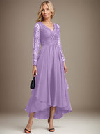 A-Linien-Kleid aus Chiffon mit V-Ausschnitt und asymmetrischer Spitze für die Mutter der Braut