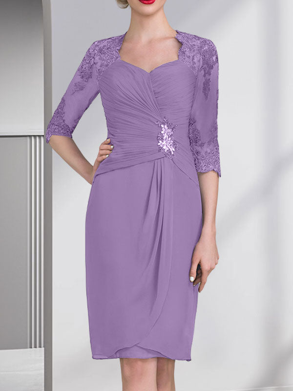 Vestido de gasa para madre de la novia, con escote en forma de corazón, largo hasta la rodilla, con apliques de cuentas, encaje y lentejuelas, plisado.