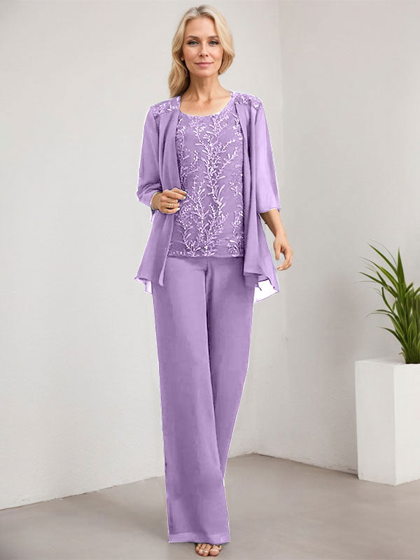 Zweiteiliger Jumpsuit/Hosenanzug, bodenlanges Chiffon-Kleid mit Spitze und Pailletten für die Mutter der Braut