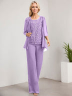 Zweiteiliger Jumpsuit/Hosenanzug, bodenlanges Chiffon-Kleid mit Spitze und Pailletten für die Mutter der Braut