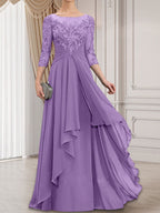 A-Linien-Kleid mit U-Boot-Ausschnitt, Illusion-Effekt, bodenlang, aus Chiffon und Spitze, mit Kaskadenrüschen – perfekt für die Mutter der Braut