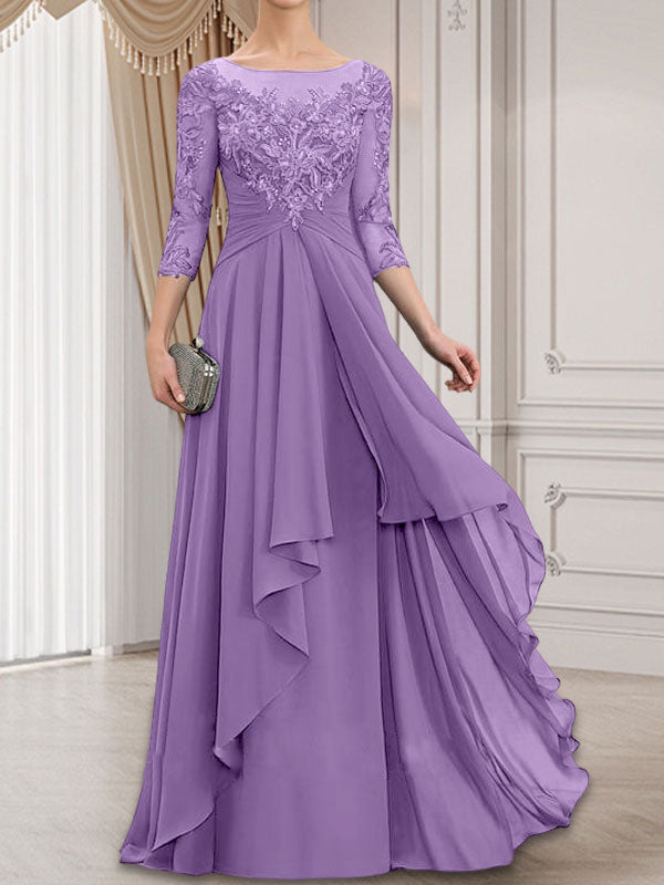Vestido de gasa con encaje y volantes en cascada para madre de la novia, corte A, escote ilusión, largo hasta el suelo