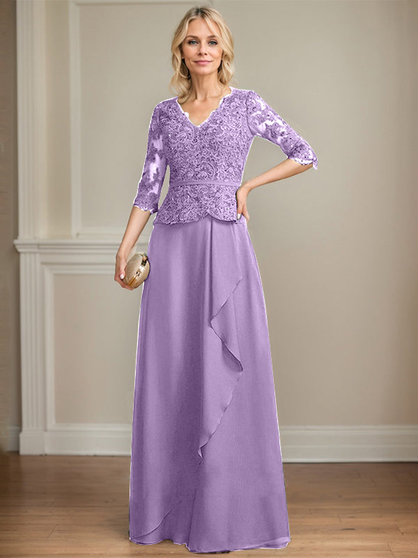 Vestido de gasa con encaje y escote en V hasta el suelo para madre de la novia con volantes en cascada y lentejuelas 