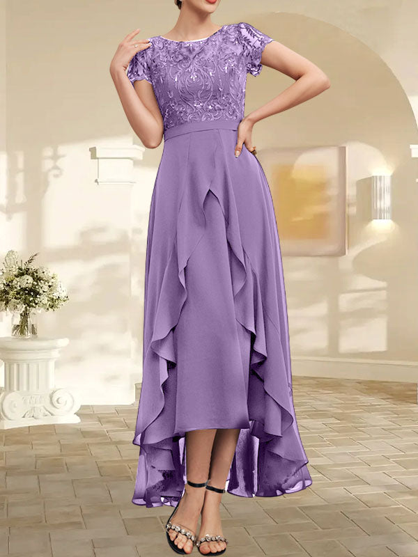 A-Linien-Kleid mit asymmetrischem Chiffon-Spitzenausschnitt, Schleife, Rüschen und Pailletten für die Mutter der Braut 