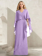 A-Linien-Kleid aus Chiffon mit V-Ausschnitt, bodenlang, mit Kaskadenrüschen und Perlenstickerei für die Mutter der Braut. 