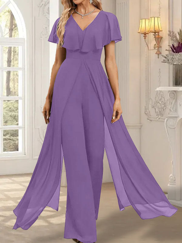 Jumpsuit/Hosenanzug, bodenlanges Chiffon-Abendkleid mit V-Ausschnitt