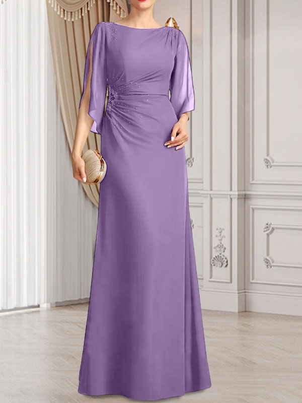 Etui-/Säulen-Chiffonkleid in Bodenlänge für die Mutter der Braut mit plissierter Perlenstickerei