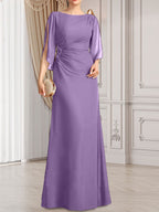 Etui-/Säulen-Chiffonkleid in Bodenlänge für die Mutter der Braut mit plissierter Perlenstickerei