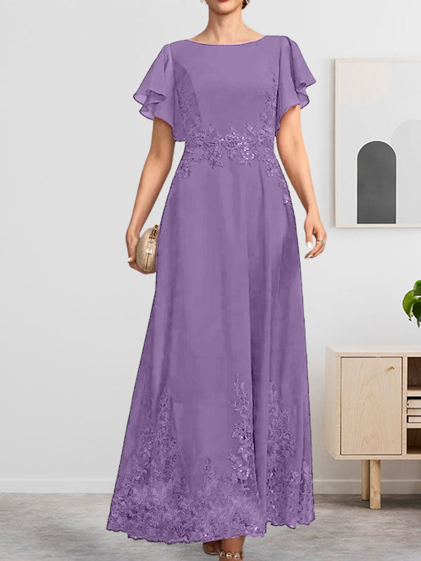 A-Linien-Kleid mit Rundhalsausschnitt, knöchellang, aus Spitze und Chiffon, mit Pailletten besetzt