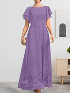 A-Linien-Kleid mit Rundhalsausschnitt, knöchellang, aus Spitze und Chiffon, mit Pailletten besetzt
