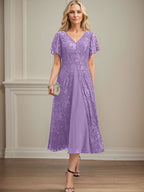 A-Linien-Kleid aus Chiffon mit V-Ausschnitt und Teelänge für die Mutter der Braut 