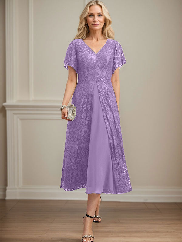 A-Linien-Kleid aus Chiffon mit V-Ausschnitt und Teelänge für die Mutter der Braut 