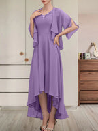 A-Linien-Kleid aus Chiffon mit V-Ausschnitt, asymmetrischem Muster und Perlen- und Paillettenbesatz für die Mutter der Braut
