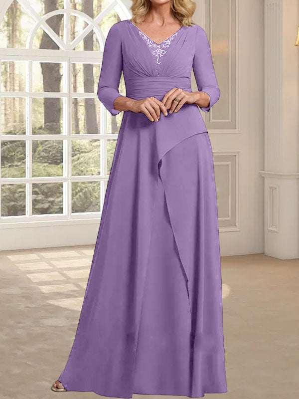 A-Linien-Kleid aus Chiffon mit V-Ausschnitt, bodenlang, für die Mutter der Braut, mit plissierter Perlenstickerei