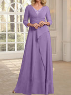A-Linien-Kleid aus Chiffon mit V-Ausschnitt, bodenlang, für die Mutter der Braut, mit plissierter Perlenstickerei
