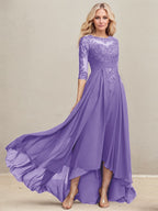 A-Linien-Kleid mit asymmetrischem Ausschnitt, Illusion-Effekt, Spitze und Chiffon, verziert mit plissierten Pailletten, ideal für die Mutter der Braut 