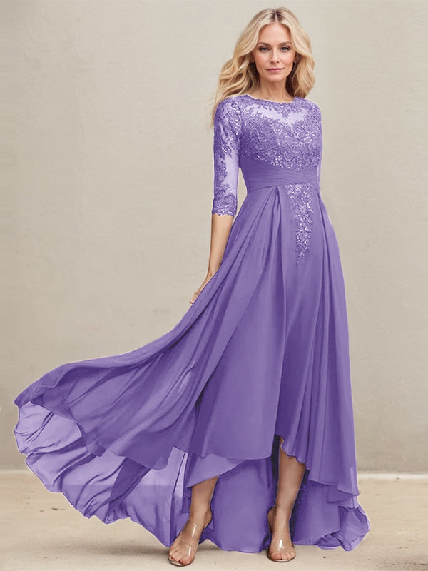 Vestido de madre de la novia de gasa con encaje asimétrico, ilusión, corte A y lentejuelas plisadas 