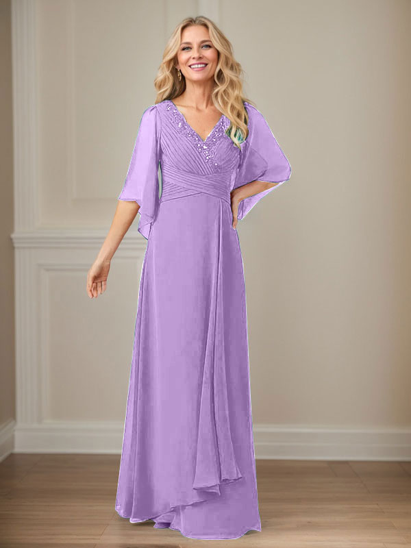 Langes Pailletten-Chiffon-Kleid in A-Linie mit V-Ausschnitt für die Mutter