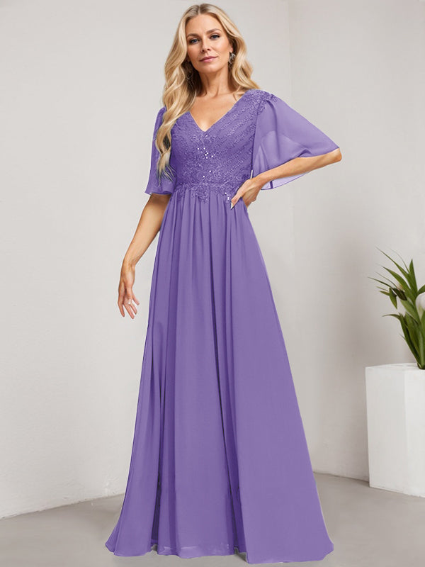 A-Linien-Kleid aus Chiffon mit V-Ausschnitt, bodenlang, mit Pailletten besetzt – ideal für die Mutter der Braut 