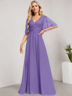A-Linien-Kleid aus Chiffon mit V-Ausschnitt, bodenlang, mit Pailletten besetzt – ideal für die Mutter der Braut 